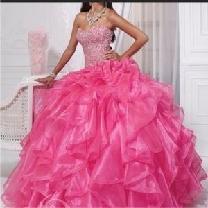 Quinceanera Collection House of Wu Hot Pink Sequin Strapless Formal Gown Size 4